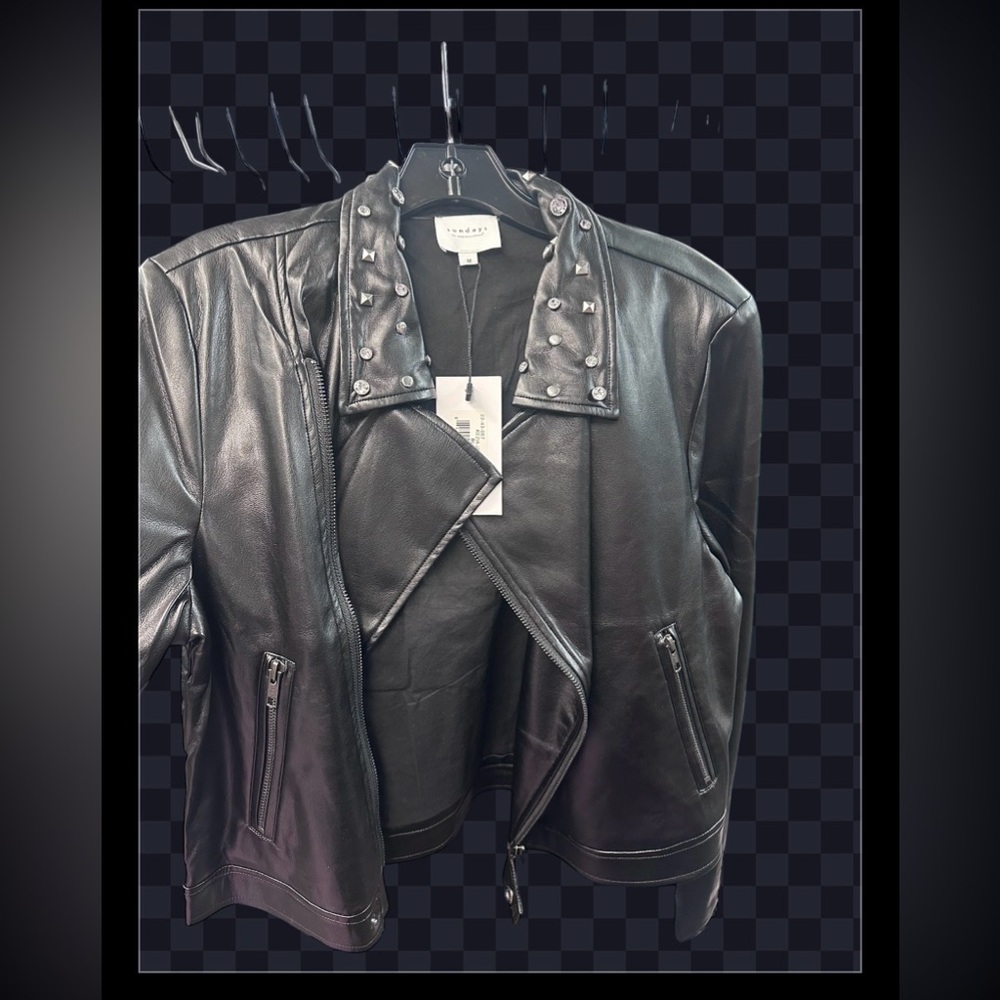 Sundays Black Leather Jacket with Studded Collar vegan leather